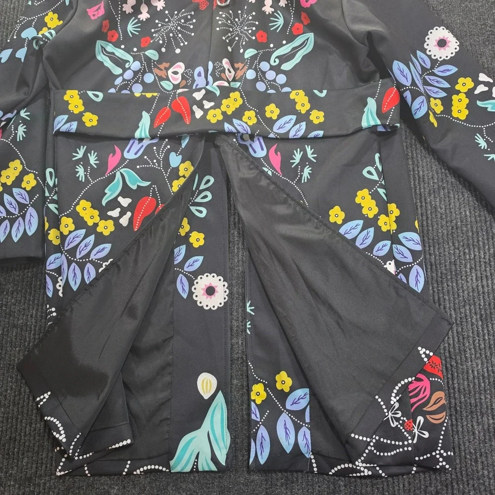 Eva Franco Floral Bird Print Coat Womens Large Black Excellent Lined Back Slit